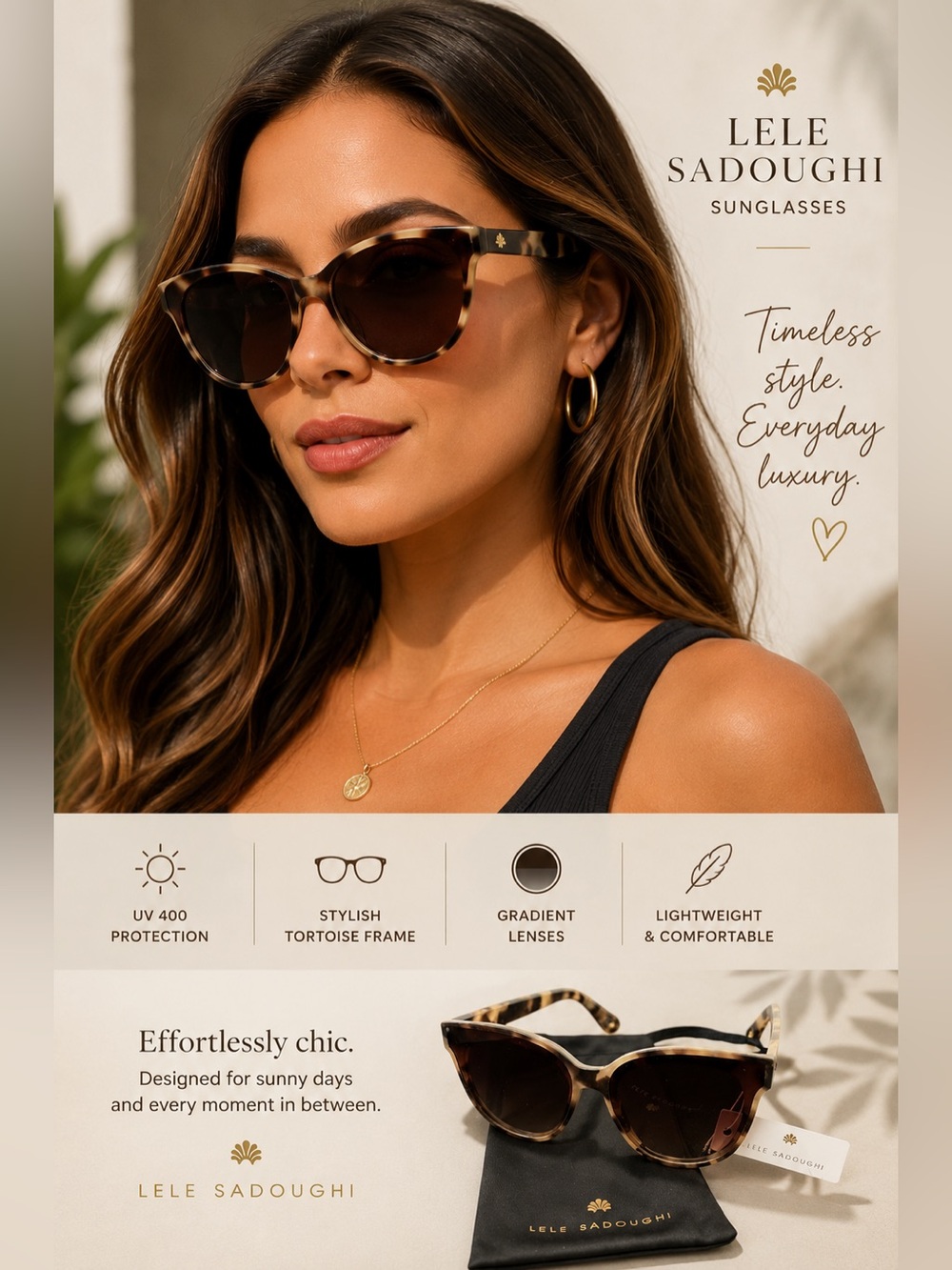 Lele Sadoughi Brooklyn Classic Tortoise Oversized Sunglasses w/ Dust Bag NWT